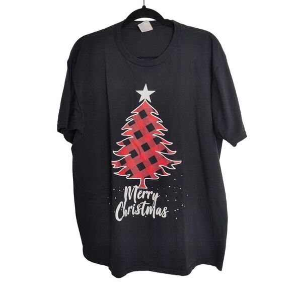 Holiday Merry Christmas Buffalo Plaid Yule Tree Script Black T-Shirt Unisex XL - Picture 1 of 8